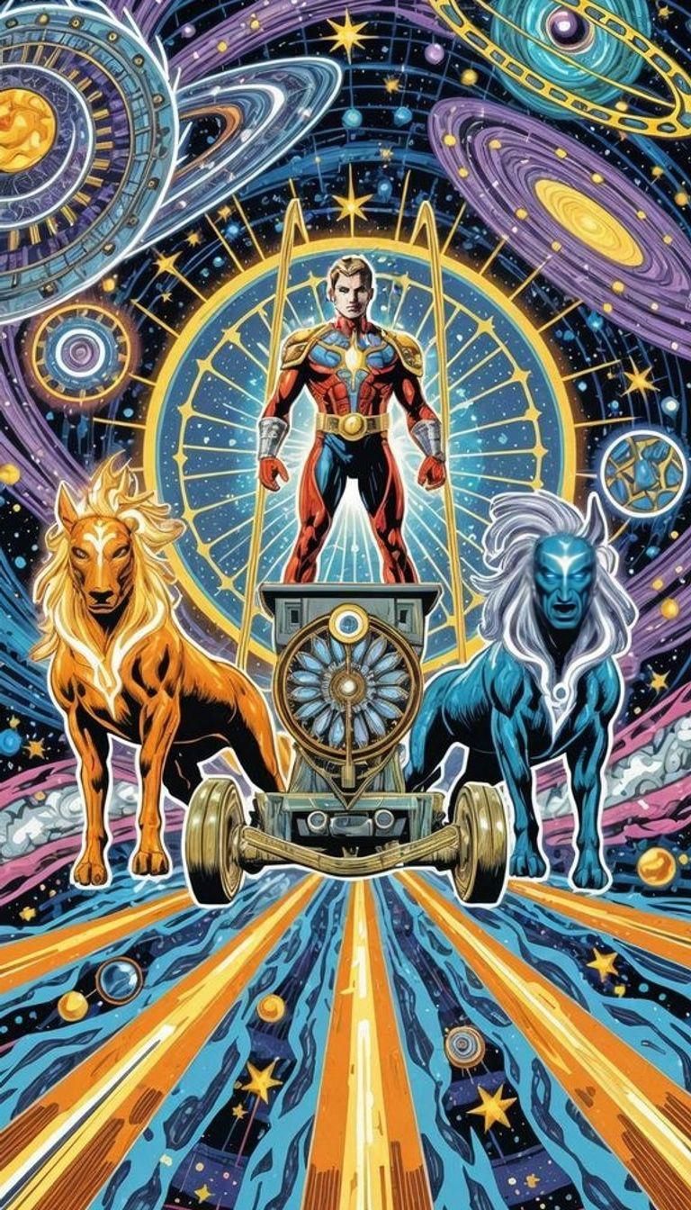 A Cosmic Traveler Triumphs on Vibrant Chariot