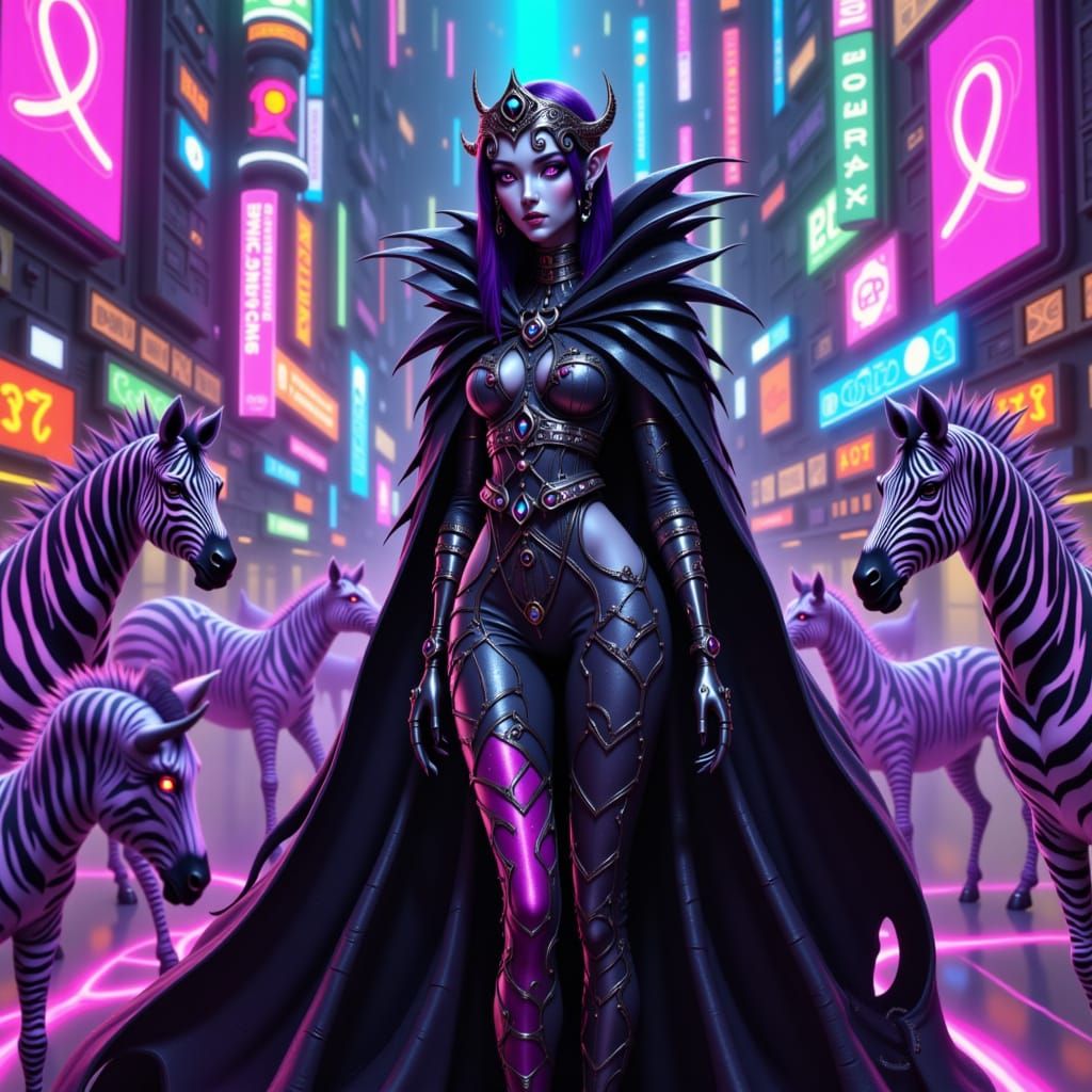 Drow Noblewoman in Zebrapunk Cityscape