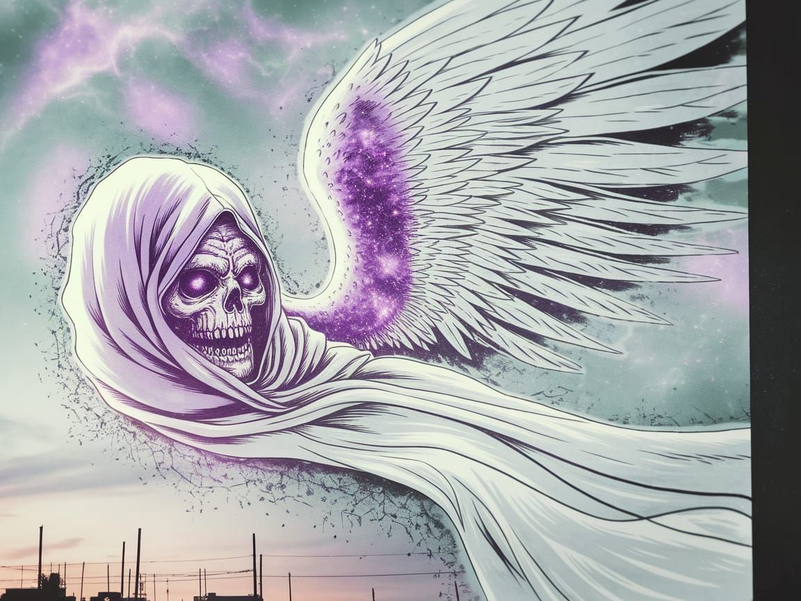 Ethereal Angel of Death in Cosmic Purple Aura