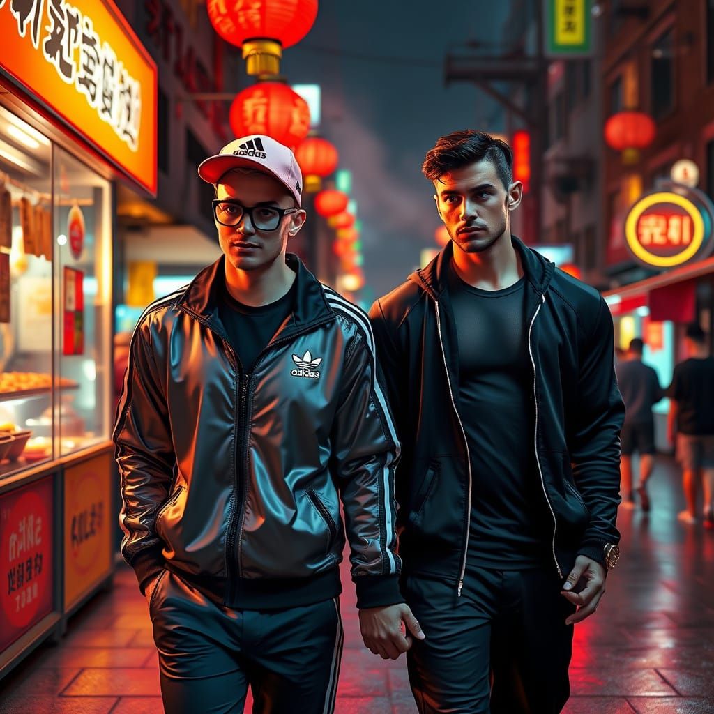 Stylish Men in Neon Cityscape, Photorealistic Style