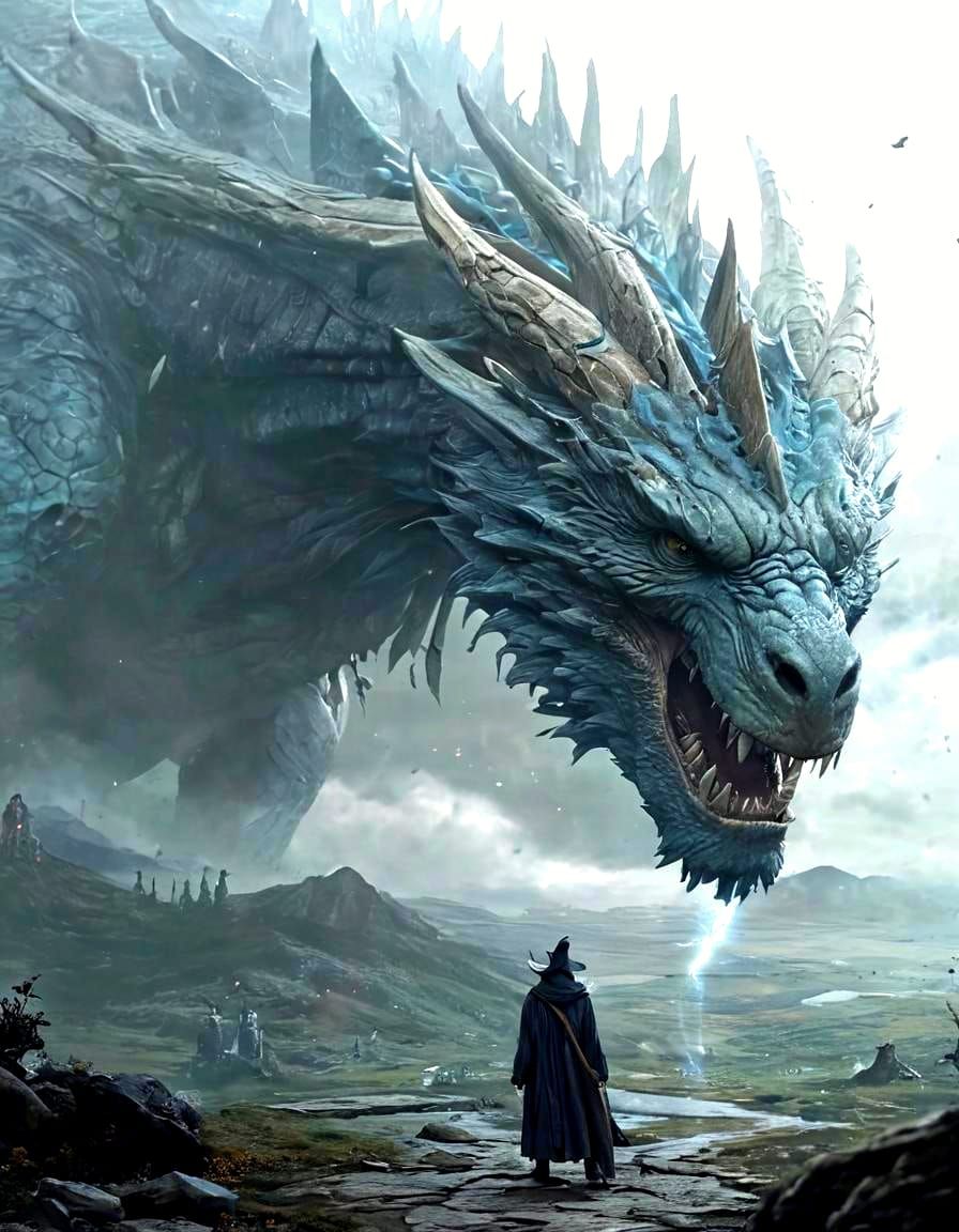 Epic Dragon and Wizard Battle