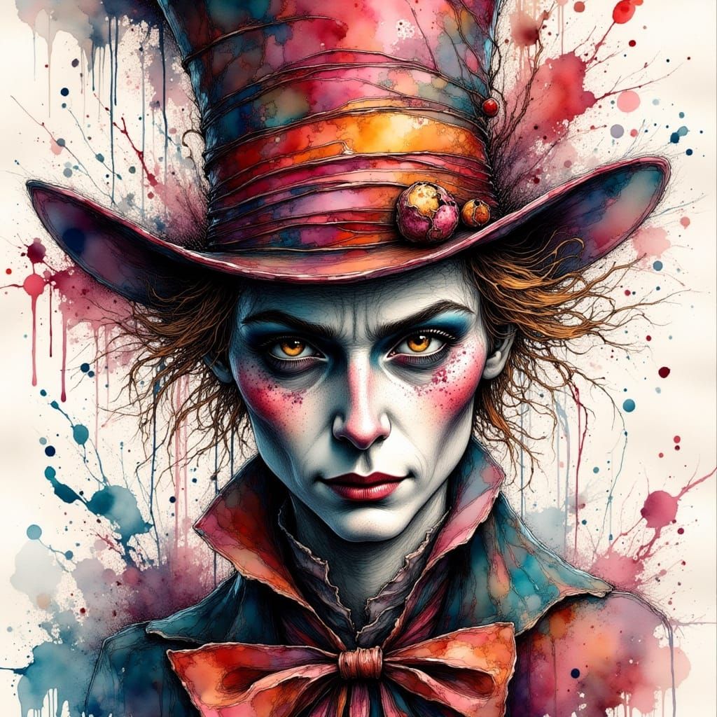 Mad Hatter Portrait in Maximalist Ink and Oil Style