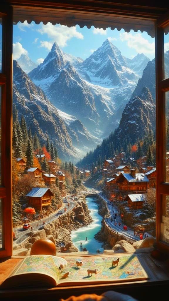 Double Exposure Swiss Alps Chalet Map Diorama