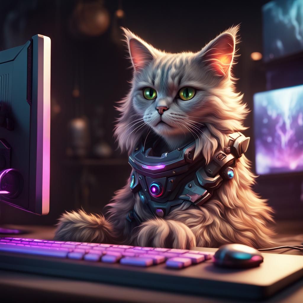 Fluffy Cat Gaming: Detailed Fantasy Concept Art
