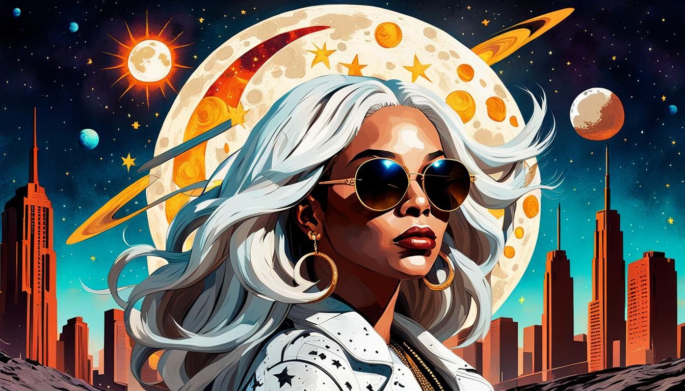 Beyonce in Dystopian Cityscape with Cosmic Backdrop