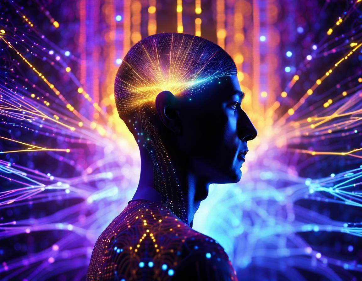 Glowing Data Human in Digital Fractal Landscape