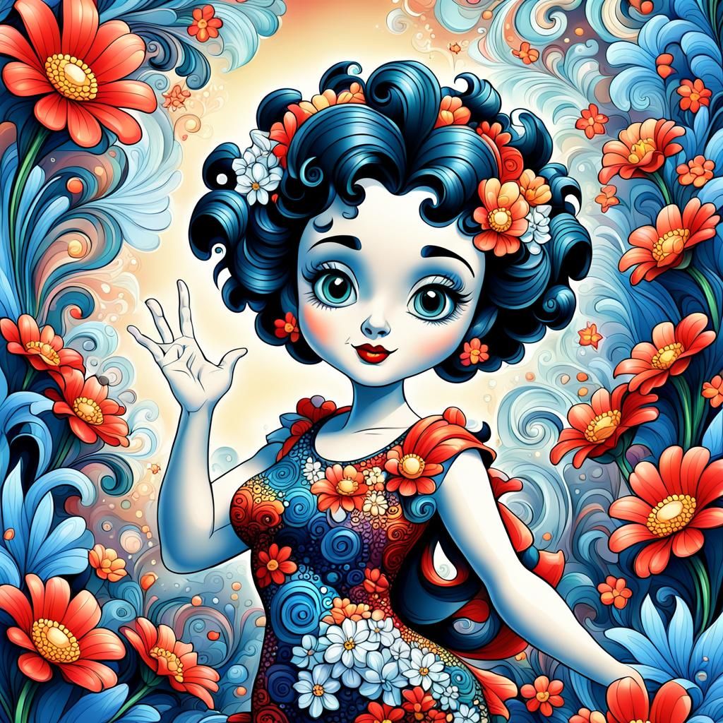 Betty Boop Waving Among Flowers in 3D Shading