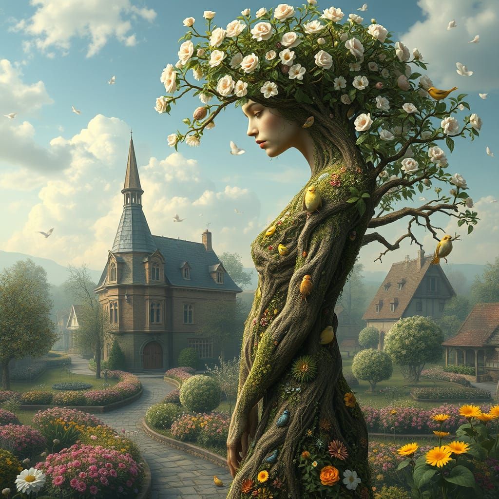 Surreal Goddess Blooms in Springtime Village Landscape