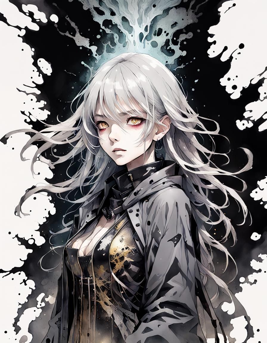 Anime Necromancer Girl Melts Into Darkness: Watercolour Art