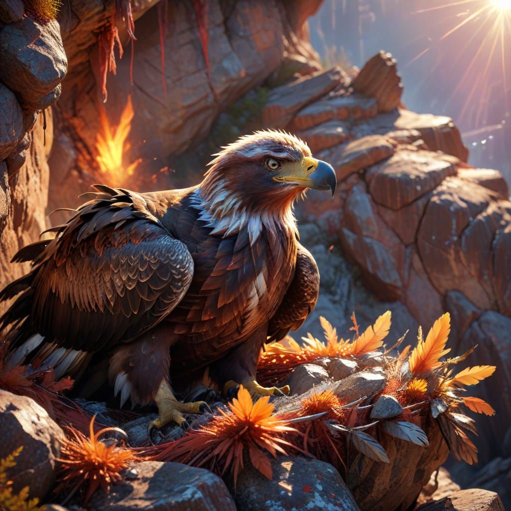 Folded Wood Entropic Algorithm eagle in a nest on a rock cliff