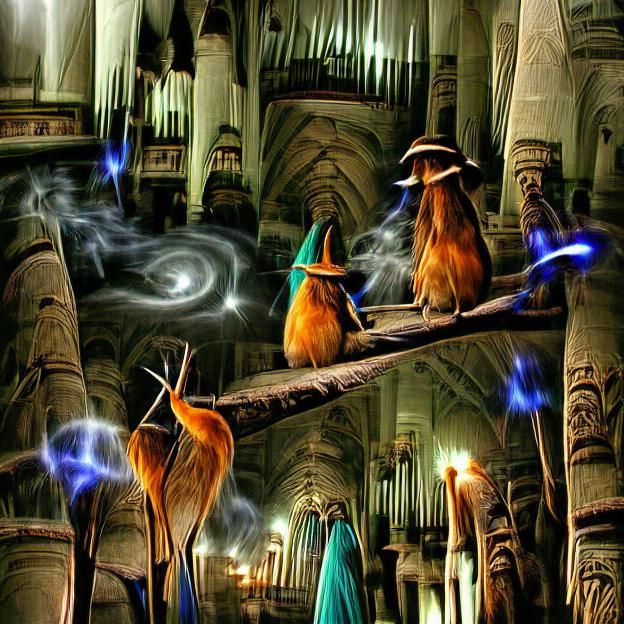 Magical Wizards Gather in Cathedral at Night