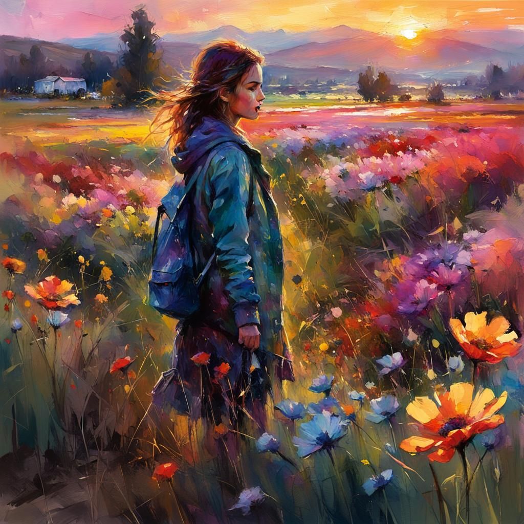 Colorful Dawn Over Flower Field as Digital Painting