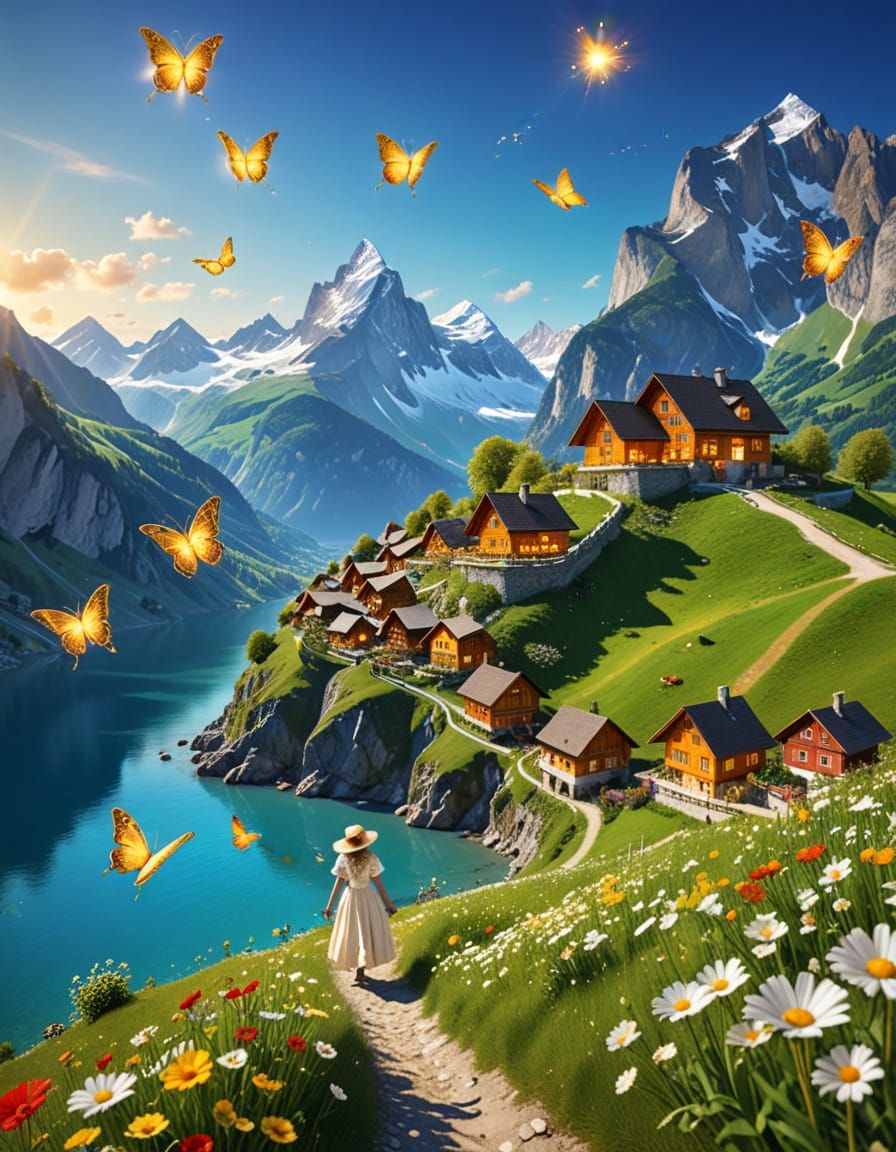Swiss Alps Village & Peaks in Bright Spring Light