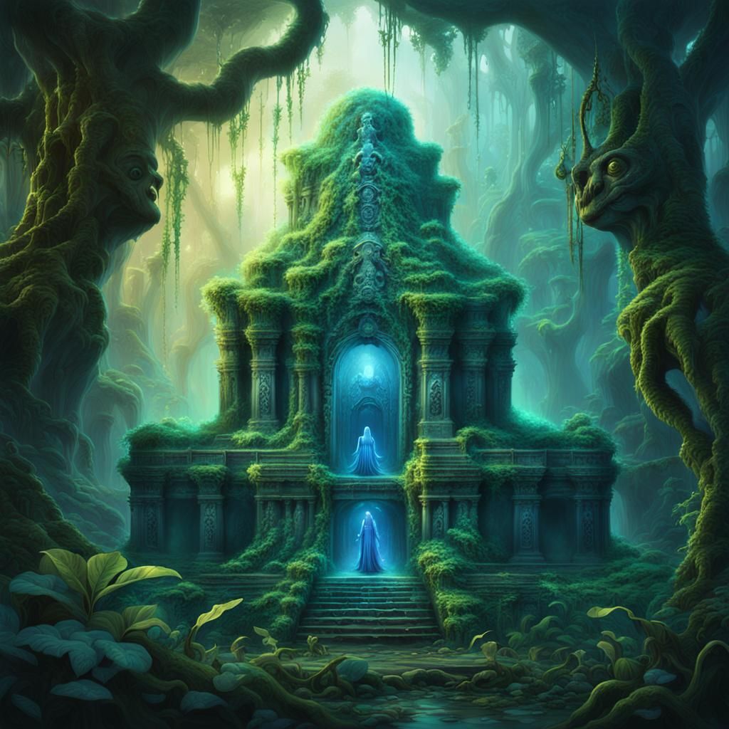 Rainforest Temple with Bioluminescent Plants: Fantasy Concep...
