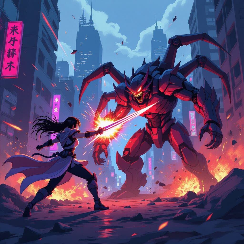 Epic Anime Battle: Warrior vs Alien in Neon City