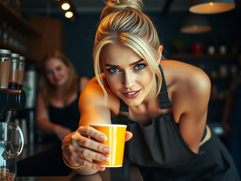 Coffee Barista in Latex Apron, Vibrant Photo