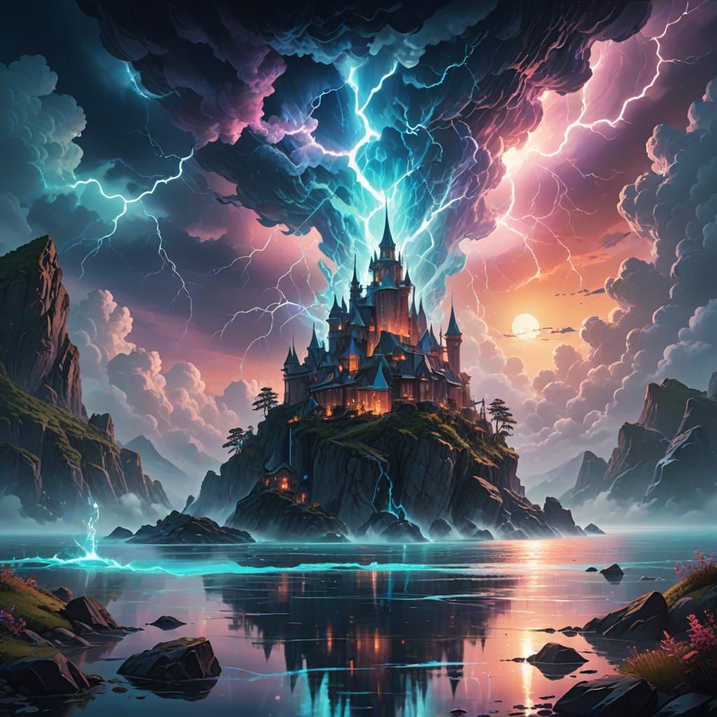 Surreal Dreamscape With Ethereal Lightning and Crystal Tower