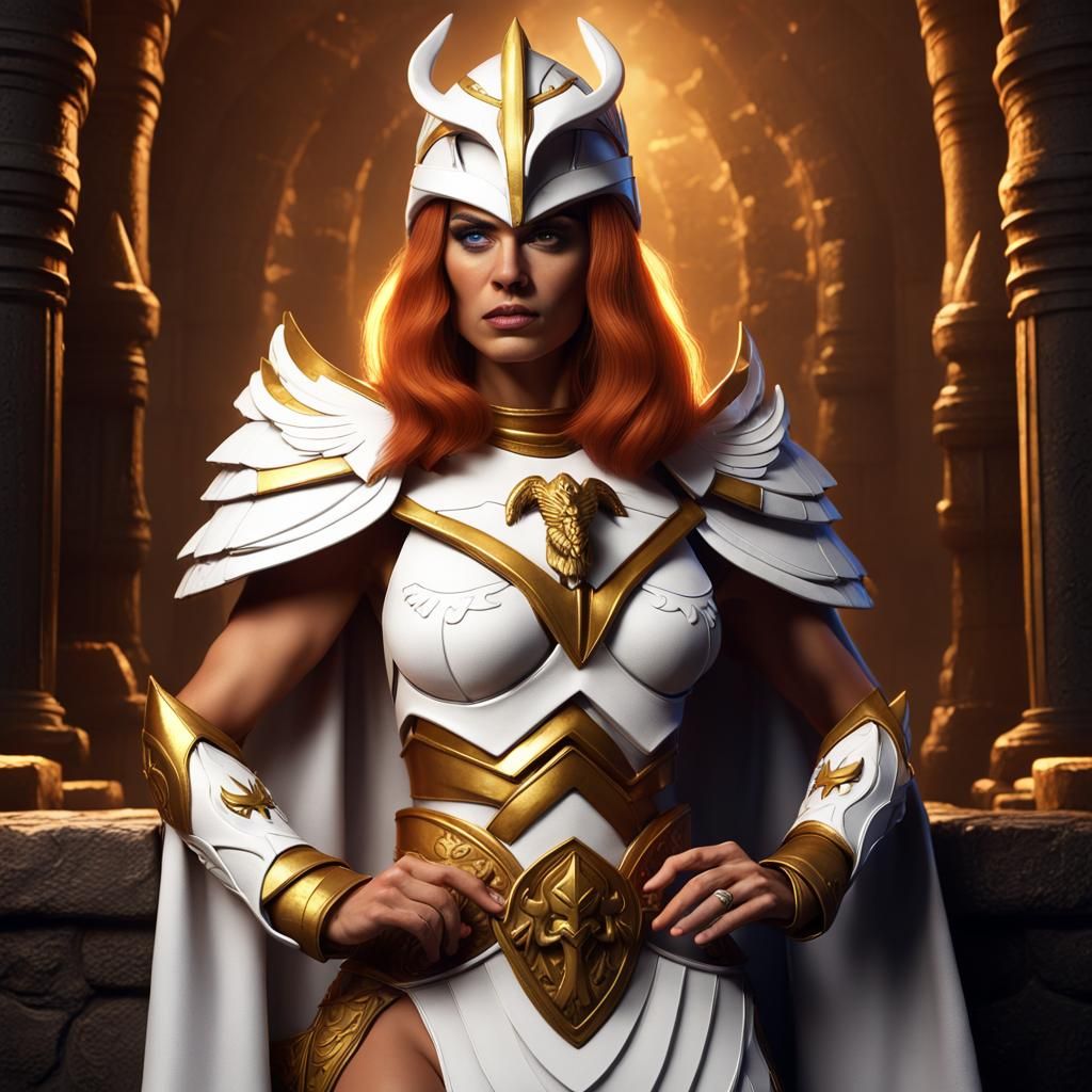 A portrait of a Teela-Na (He-Man) Sorceress of Castle Greyskull, wearing a tight-fitting white-and-gold armor with an ea...