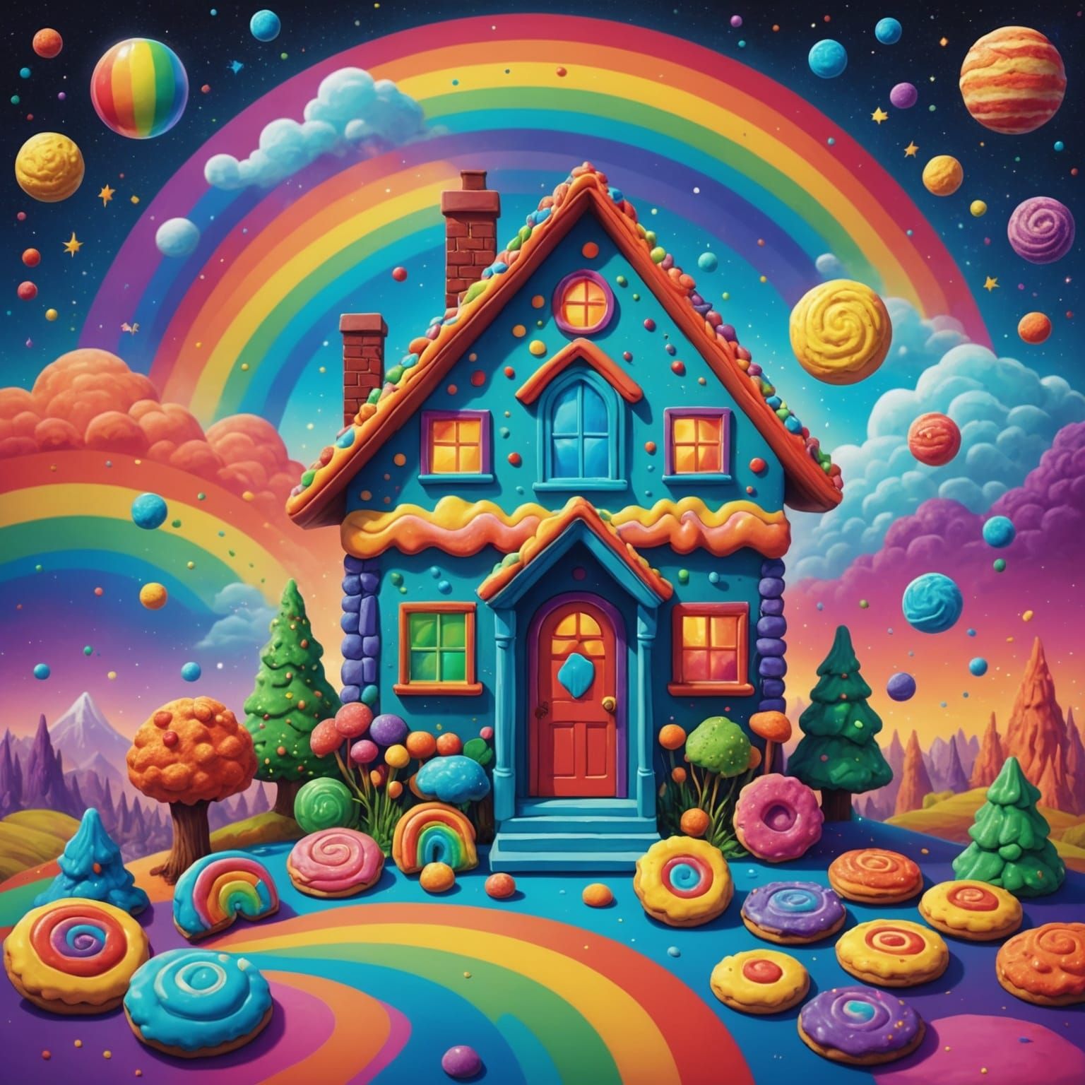Rainbow Cookie House: Holographic Astral Illustration