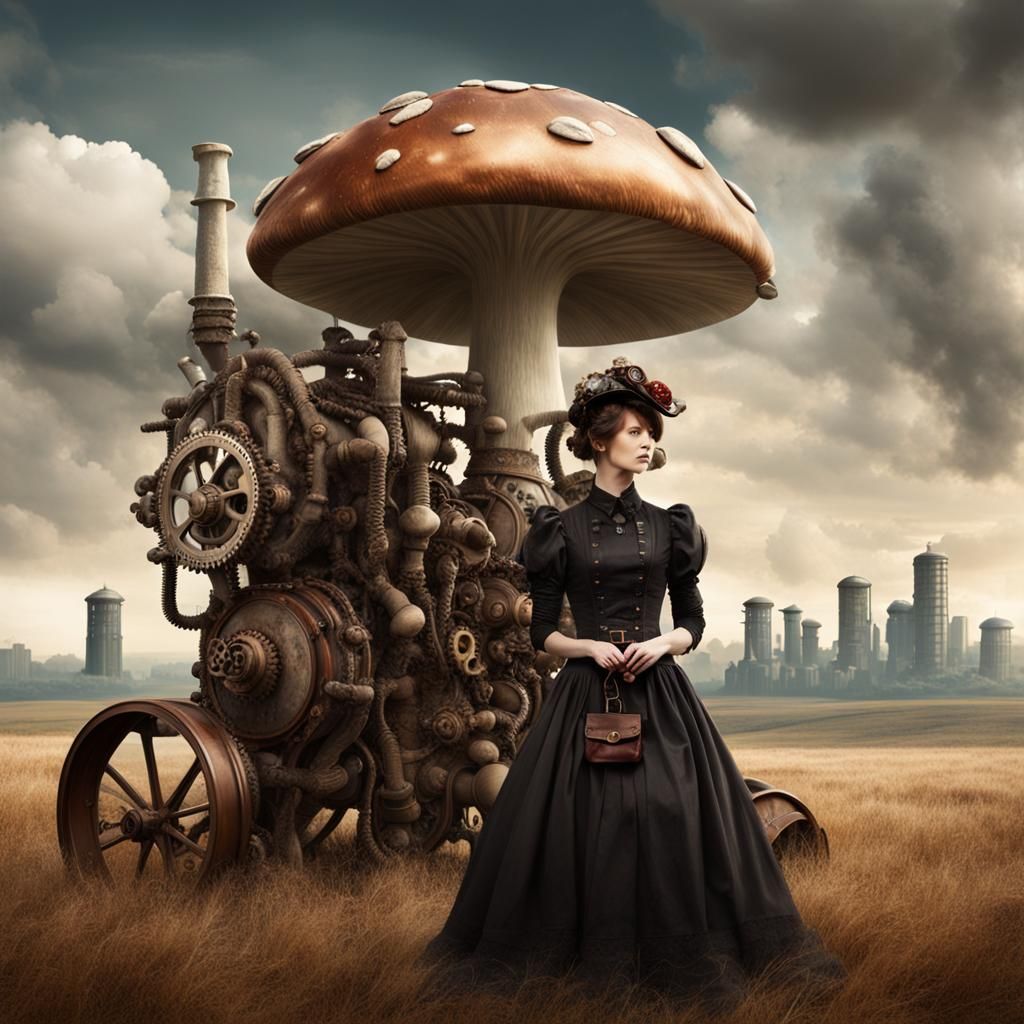 Sad Woman in Field with Steampunk Engine