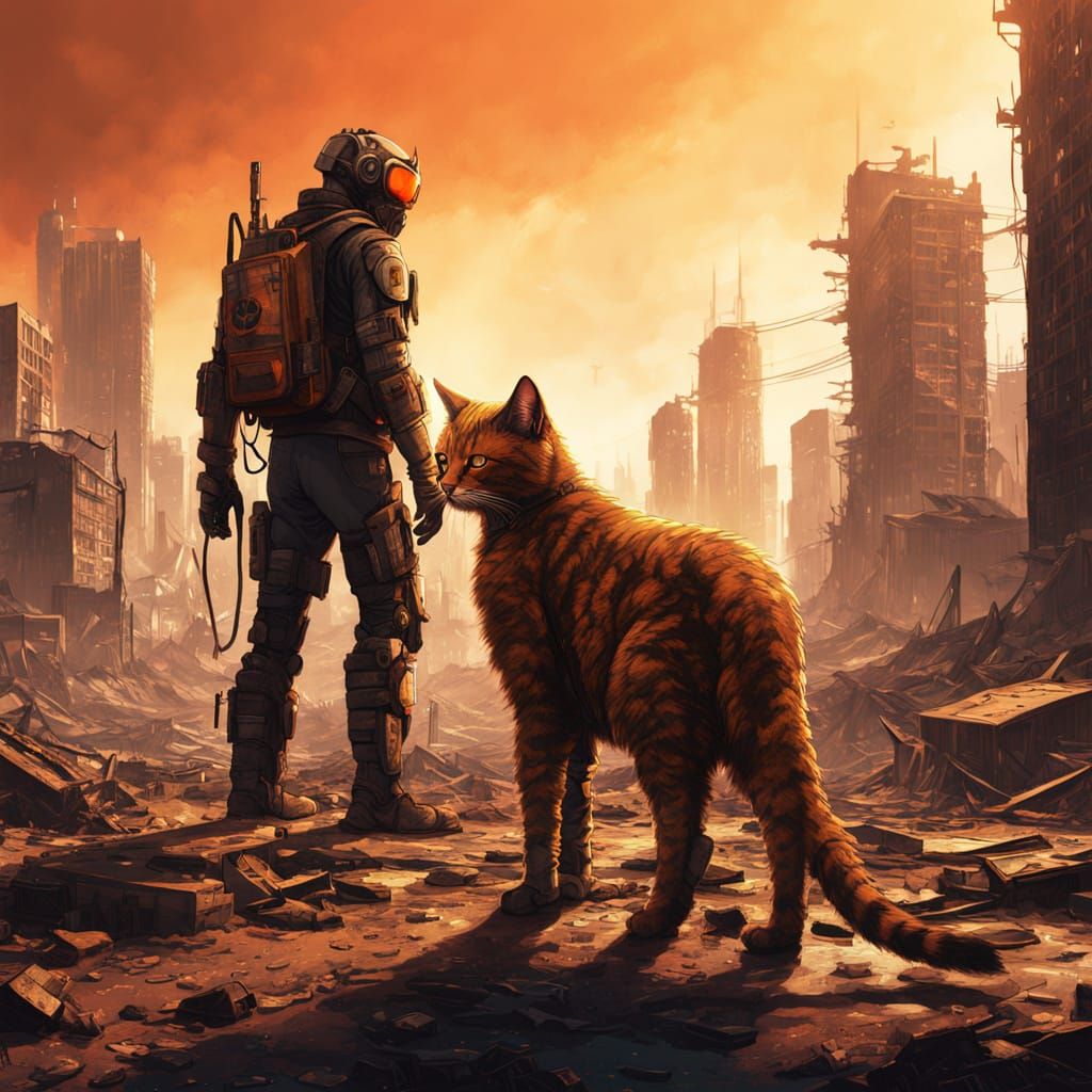 Cyborg Man and Gargantuan Feline Companion in Wasteland Ruin...