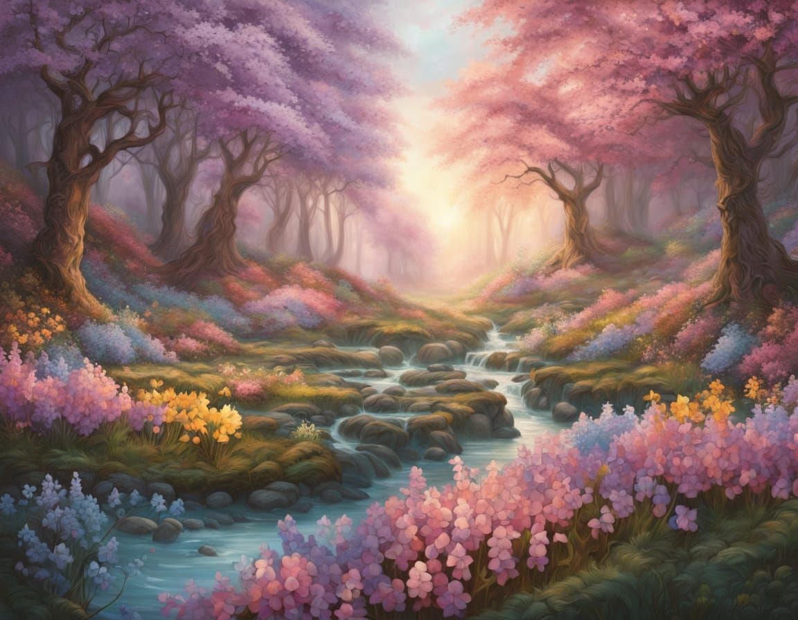 Vibrant Fantasy Forest in Whimsical Oil Painting Style