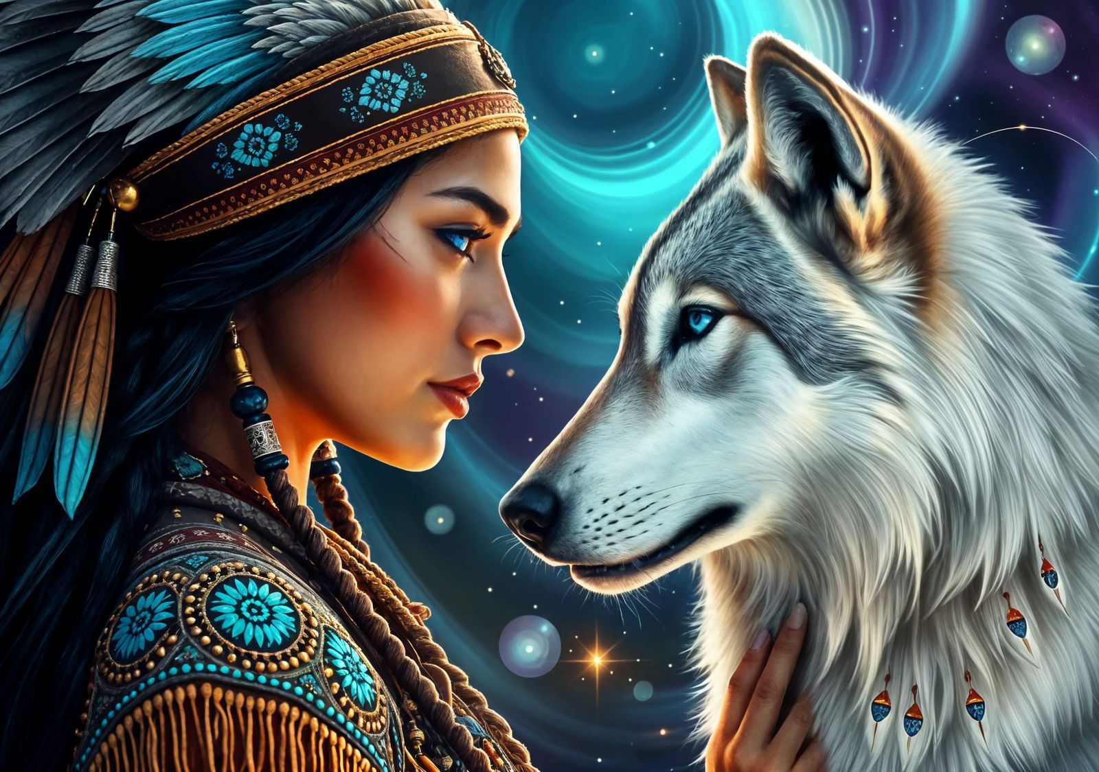Native American Indian lady and spirit wolf