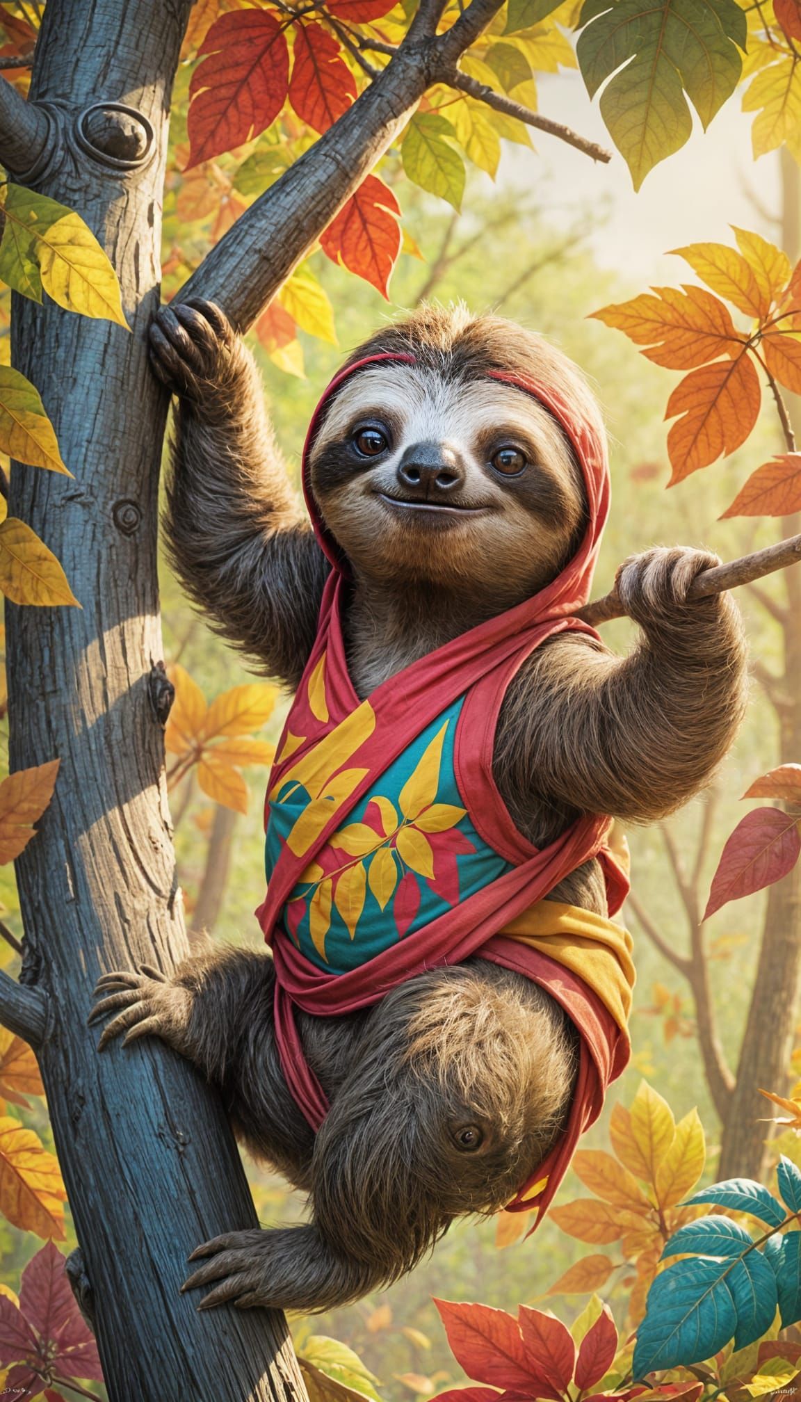 Funny Ninja Sloth in Whimsical Style