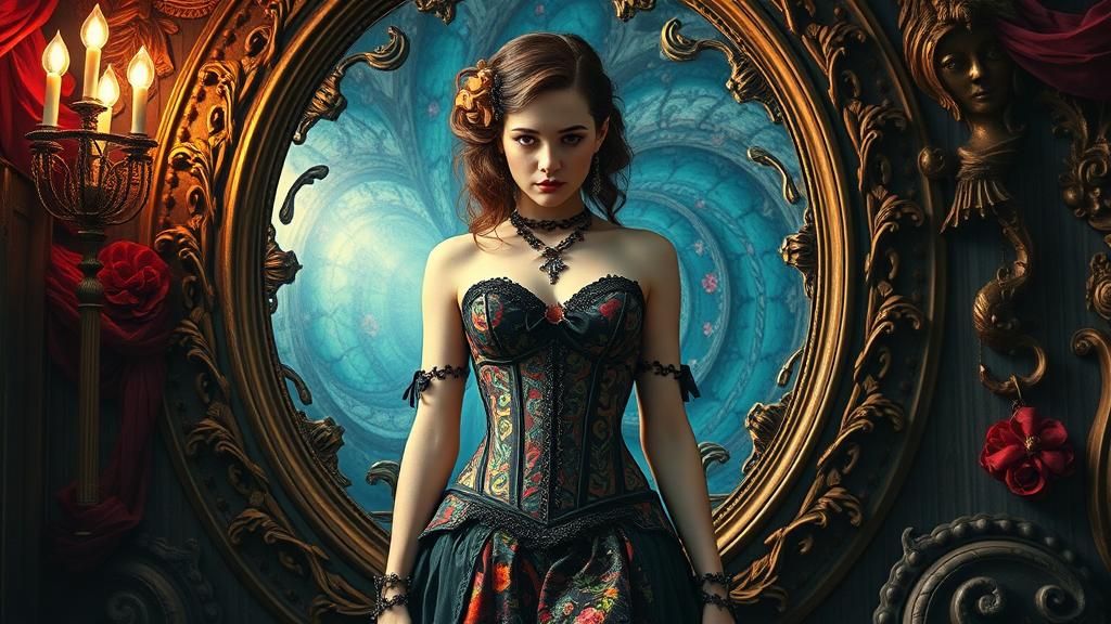 Ethereal Woman in Mirror Fractal: Gothic Fantasy Art