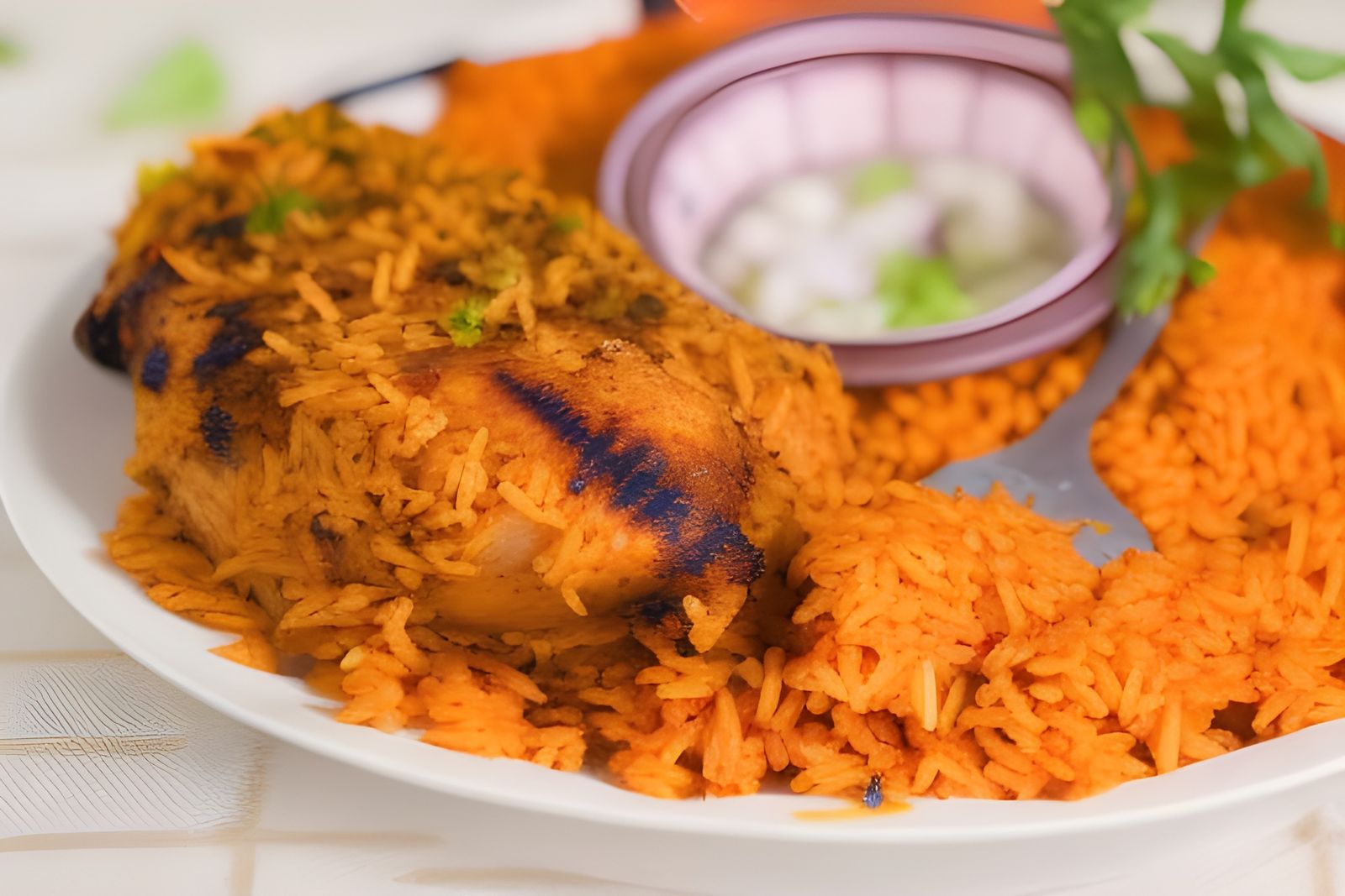 Nigerian Jollof Rice with Grilled Chicken, Professional Shot