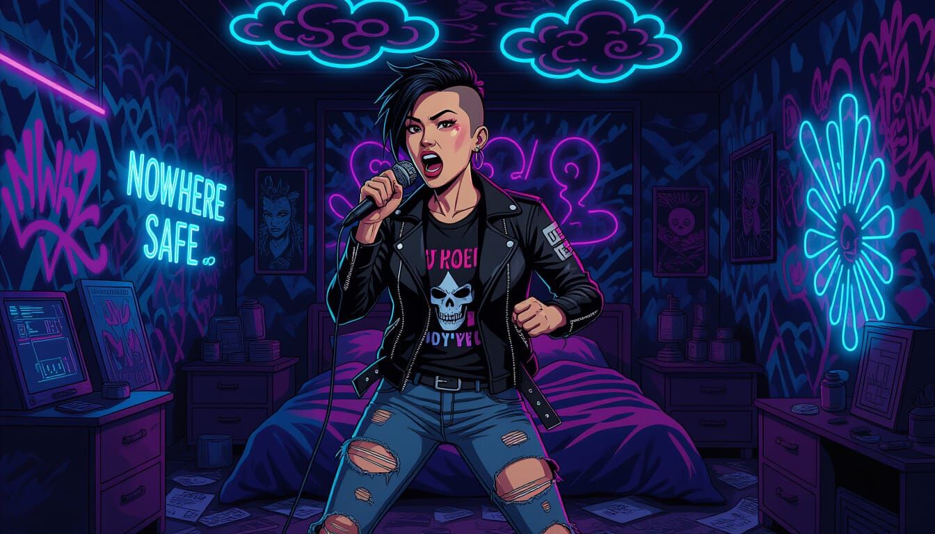 Cyberpunk Tomboy Shouts into Microphone, Hergé Style