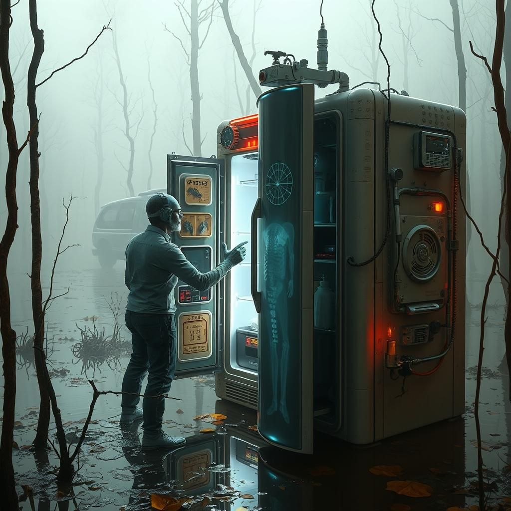 Steampunk Refrigerator in Apocalyptic Swamp with X-rays