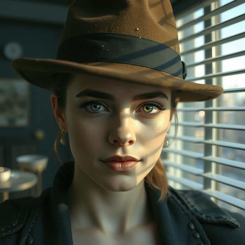 Mysterious Woman in Noir-Inspired Blue Cloak