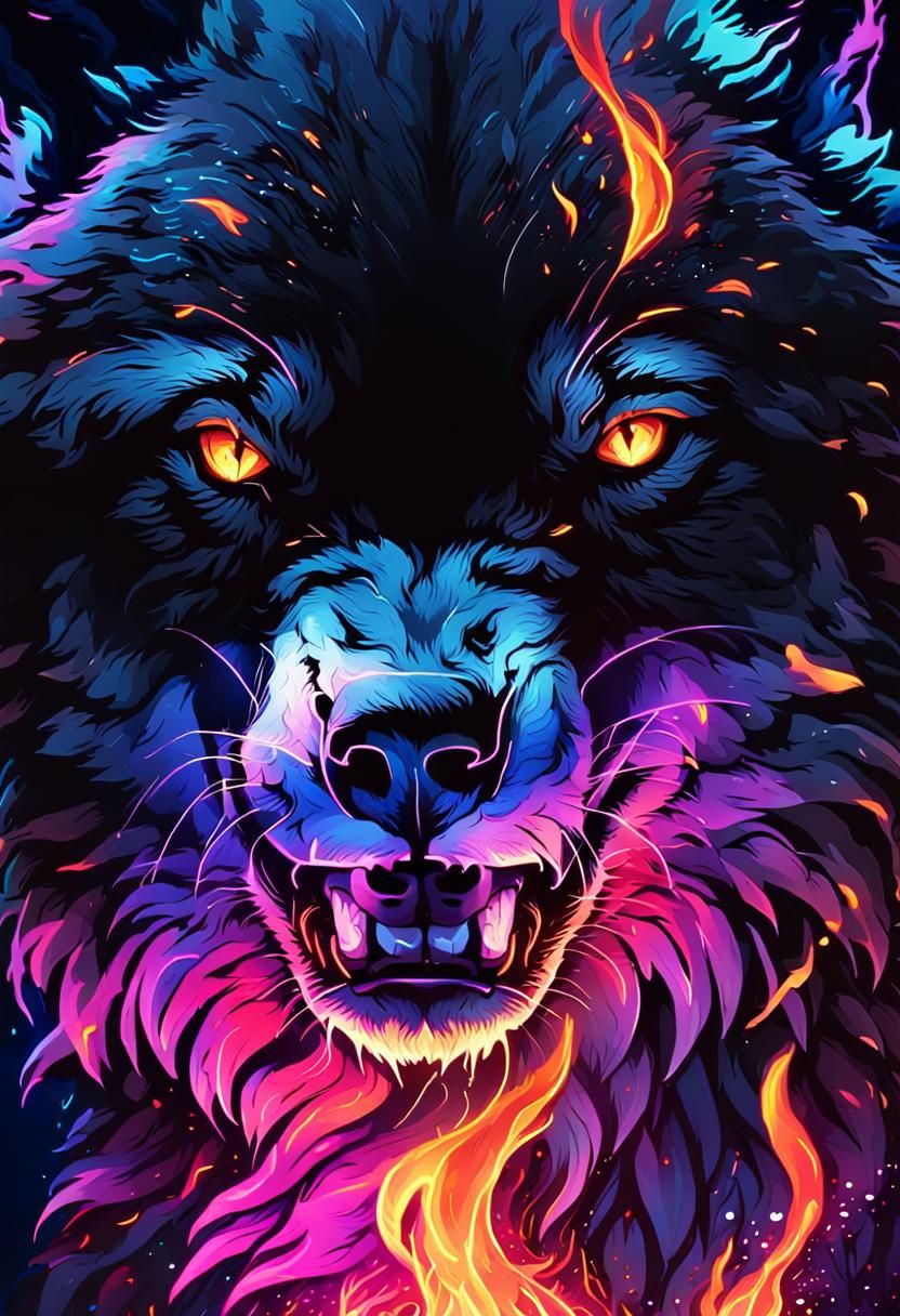Neon Wolf Portrait with Fire Eyes