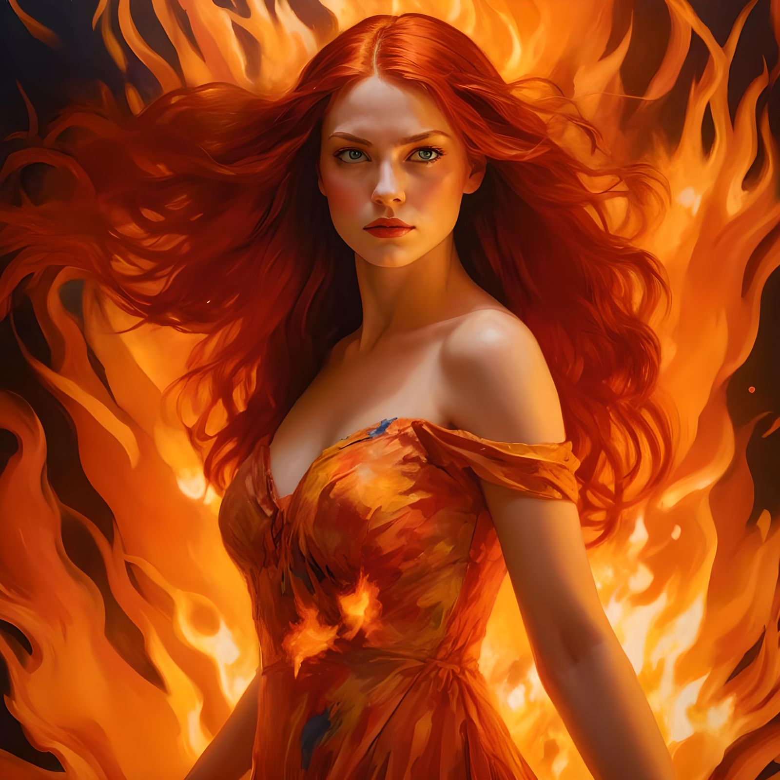 Ethereal Woman with Fiery Hair in Surreal Flames