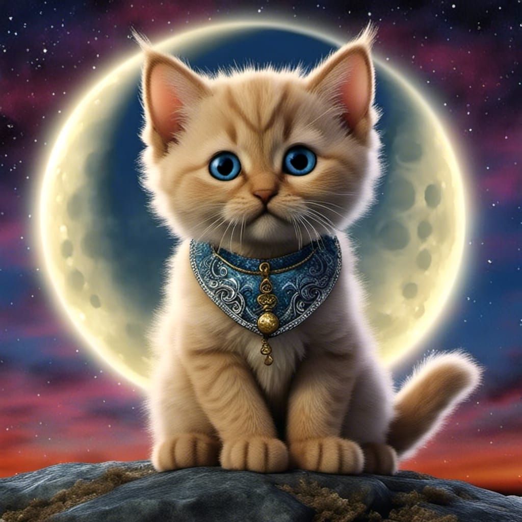 Fluffy Kitten Leaping at Cosmic Moon