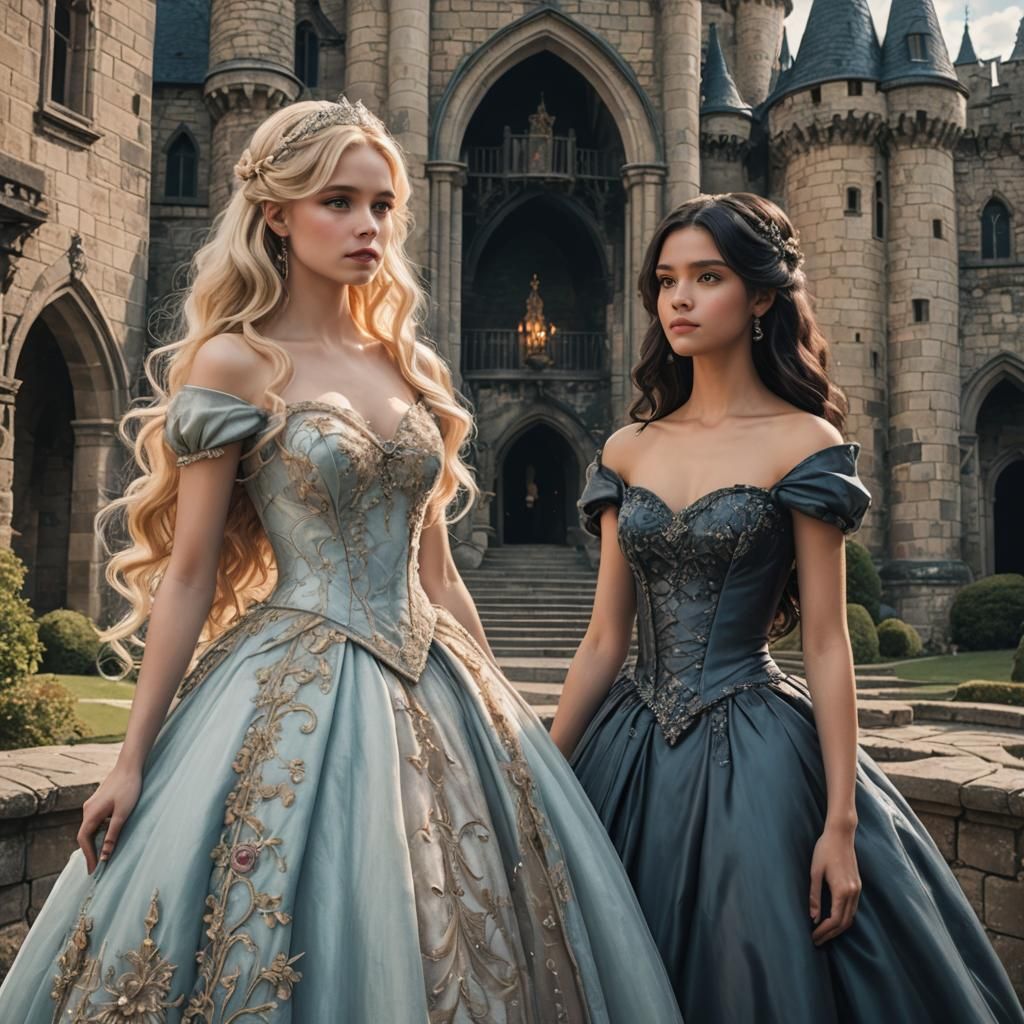 Fairytale: Two Girls in Ball Gowns in Castle