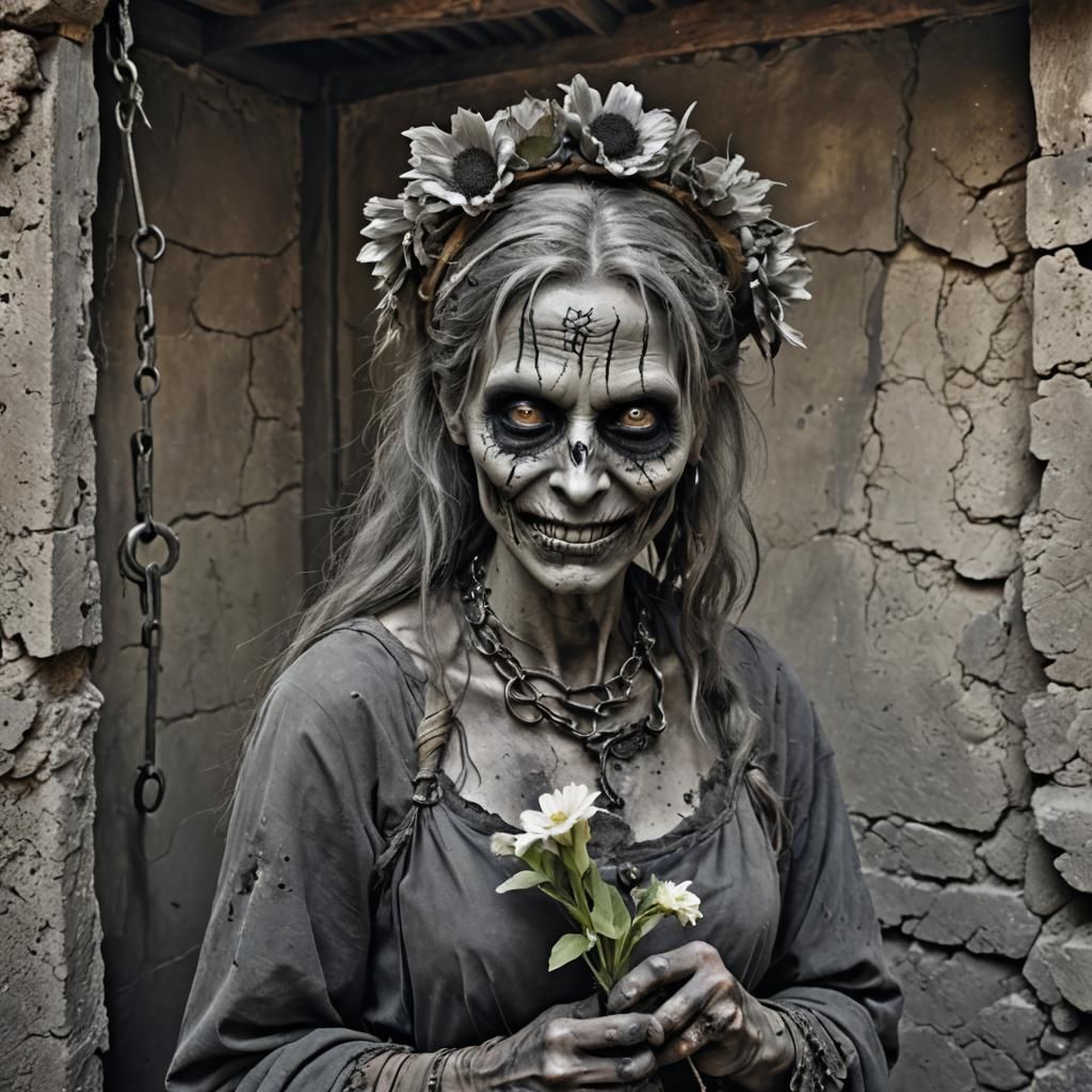 Zombie Woman with Flower and Hook in Charcoal
