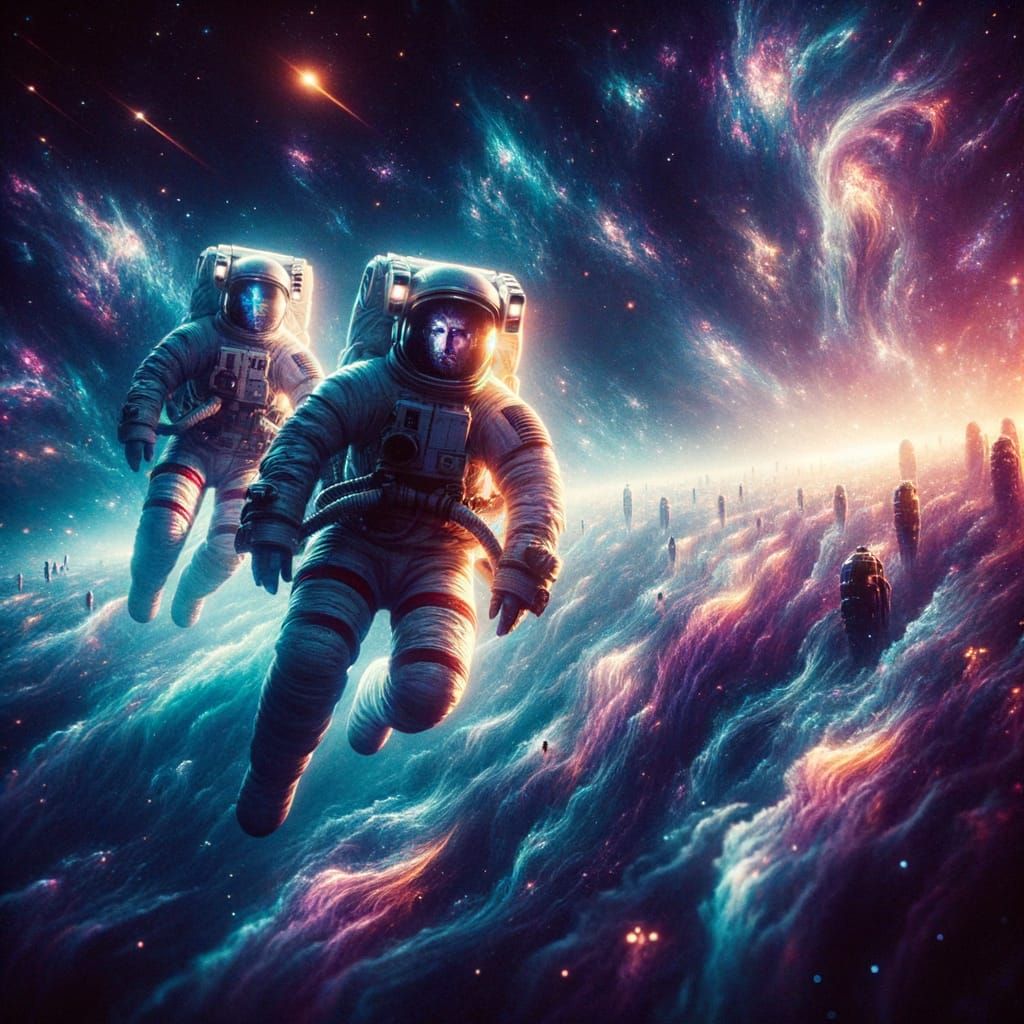 Astronauts Ride Cosmic Waves in Psychedelic Space