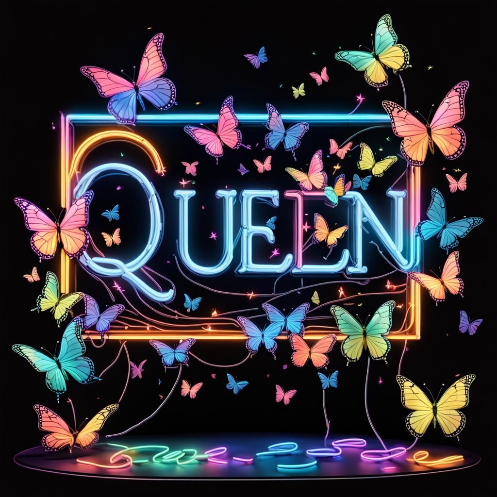 Dreamy Neon "Queen" Sign with Butterflies