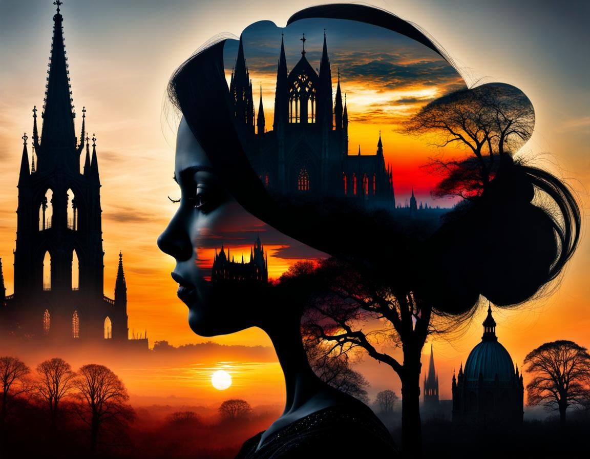 Gothic Double Exposure: Victorian Silhouette and Cathedral