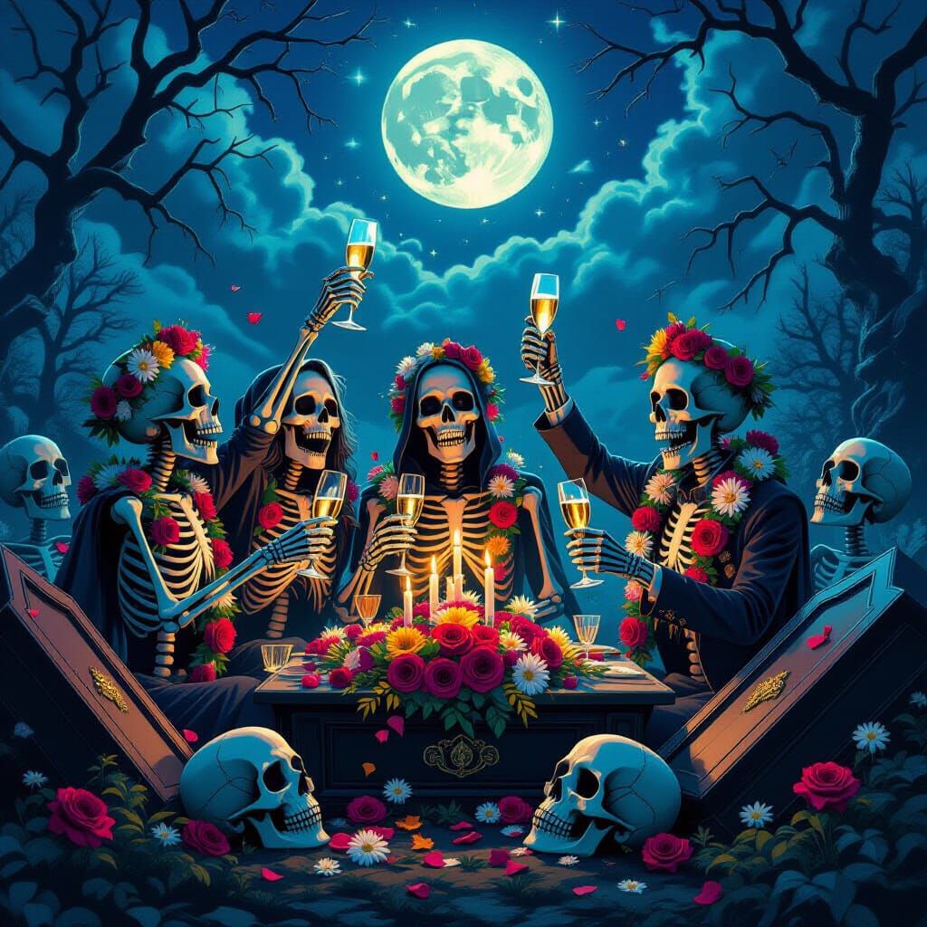 Macabre Funeral Celebration with Skeletons and Zombies