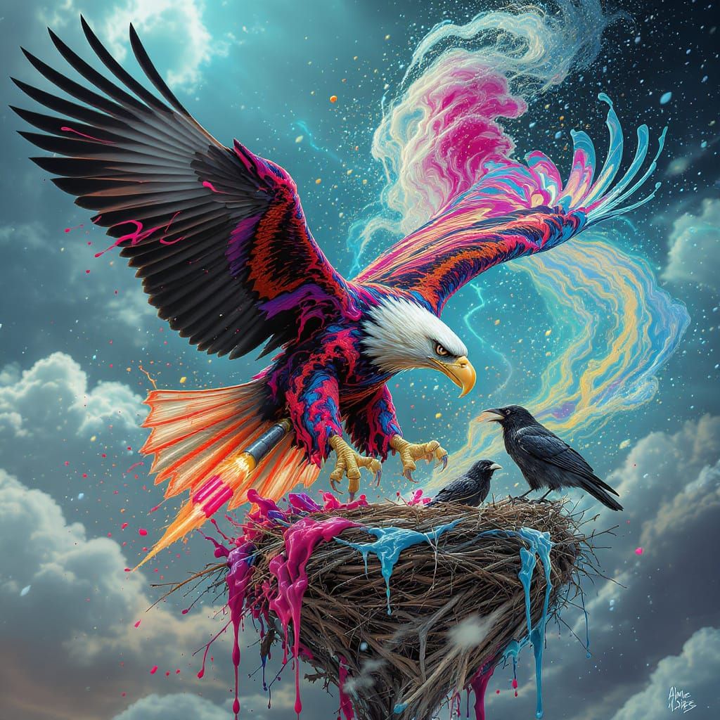Eagle Attacks Crows with Psychedelic Paint