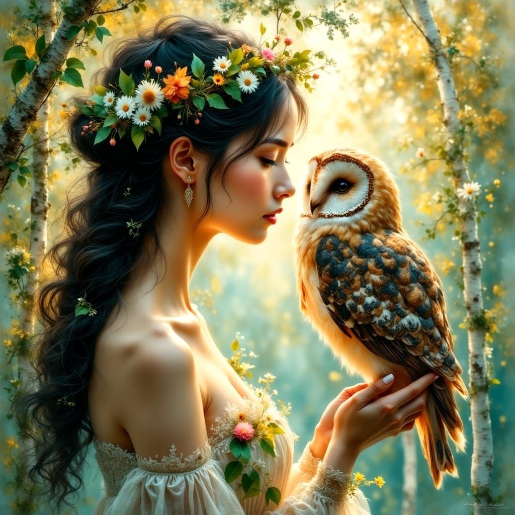 Ethereal Close-Up of a Woman and a Majestic Owl in a Dreamy ...
