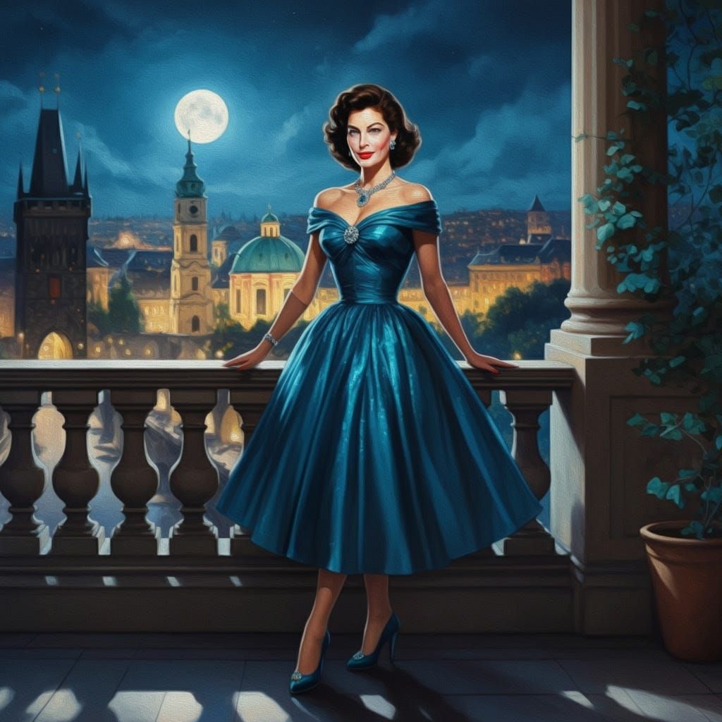 Ava Gardner Overlooks Prague: Oil Painting in Royo Style