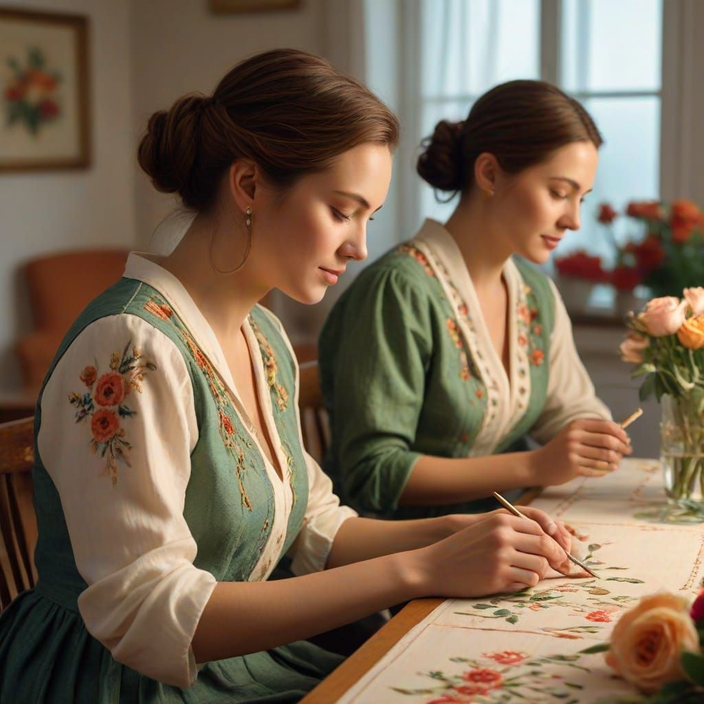 Women Embroidering in Warm, Detailed Living Room