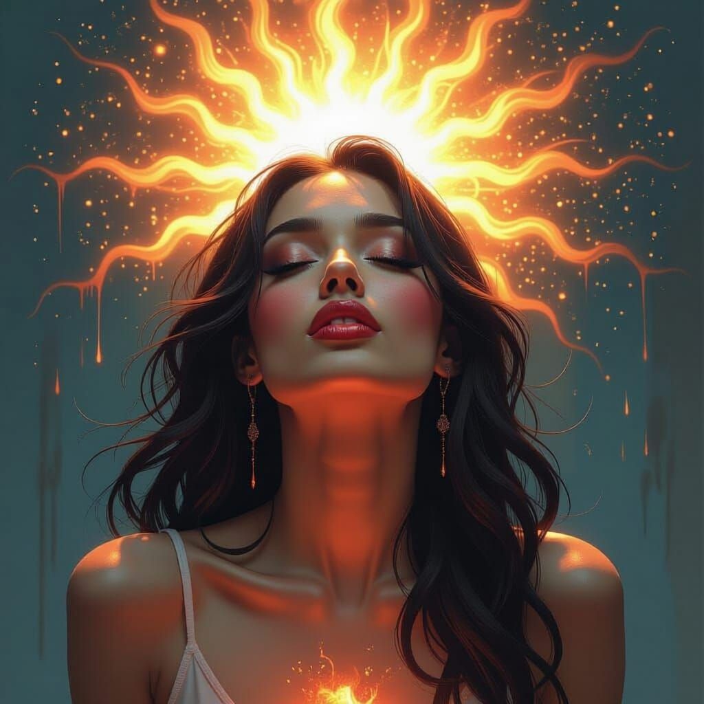 Divine Feminine Consuming Sunlight in Surreal Symbolism