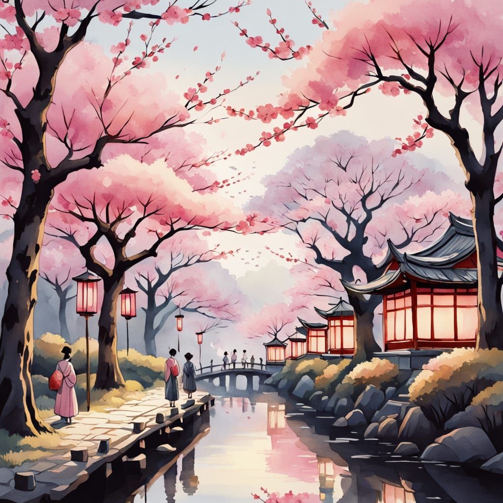 Whimsical Cherry Blossom Celebration in Vibrant Watercolour ...