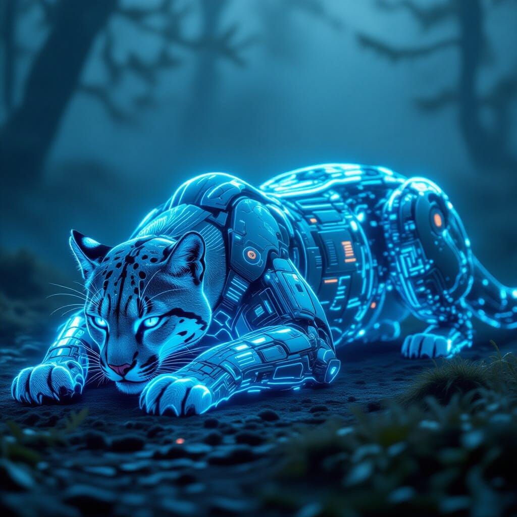 Bioluminescent Biomechanical Cougar in Futuristic Style
