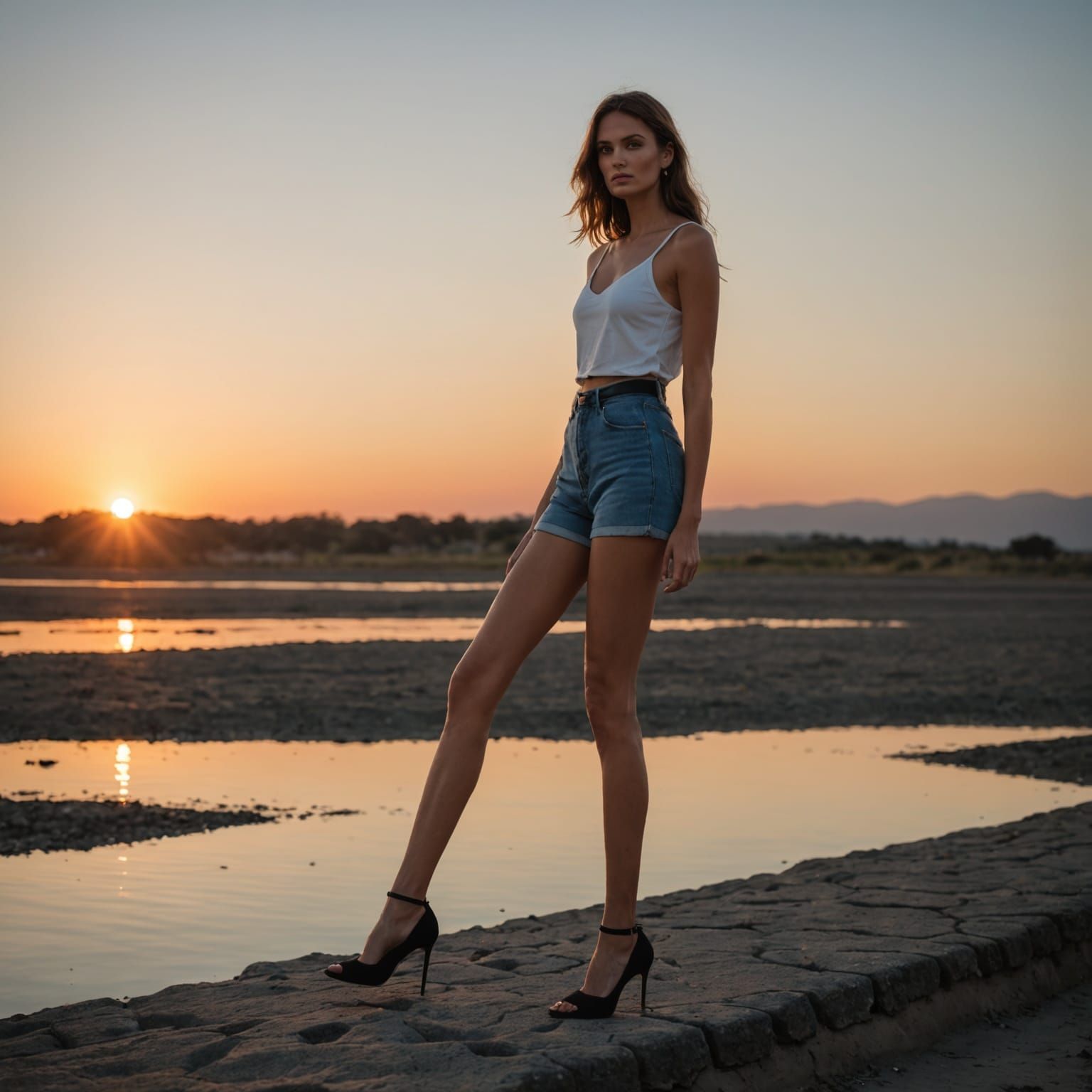 Elegant Model Basks in Warm Sunset Glow